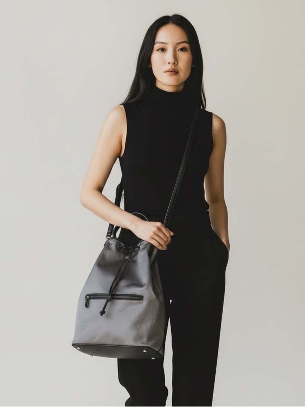 CARLOS FALCHI FALCHI SPORT Designer Drawstring Bucket Bag Grey backpack straps